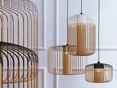 Modern Pendant Lights With Metal Frames Wicker Shades Gold Black Hanging On White Wall 3d model