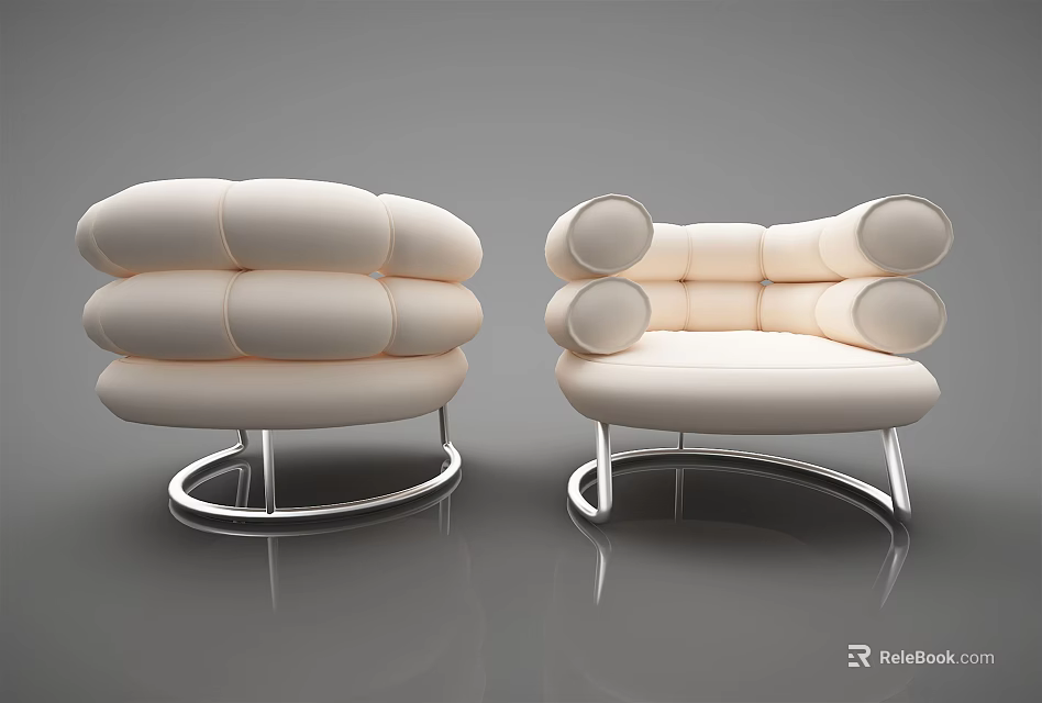 Modern Beige Single Sofa With Rounded Backrest Circular Armrests And Metal Legs 3d model 