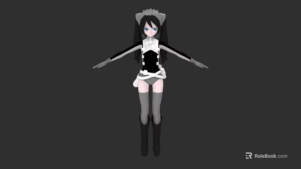 Woman In Black And White Maid Outfit With Long Black Hair And Blue Eyes 3d model 