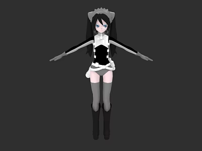 Woman In Black And White Maid Outfit With Long Black Hair And Blue Eyes 3d model