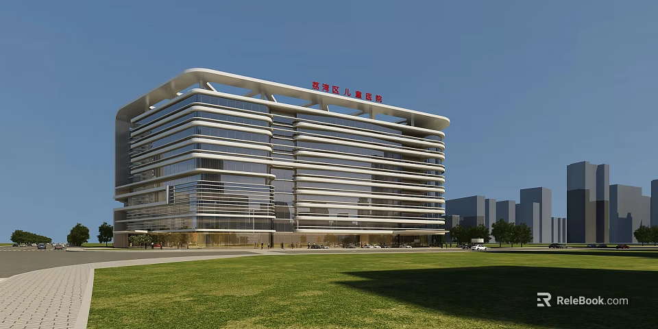 Modern Pediatric Hospital Building With Glass Curtain Walls And Green Lawn Under Blue Sky 3d model 