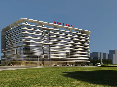Modern Pediatric Hospital Building With Glass Curtain Walls And Green Lawn Under Blue Sky 3d model