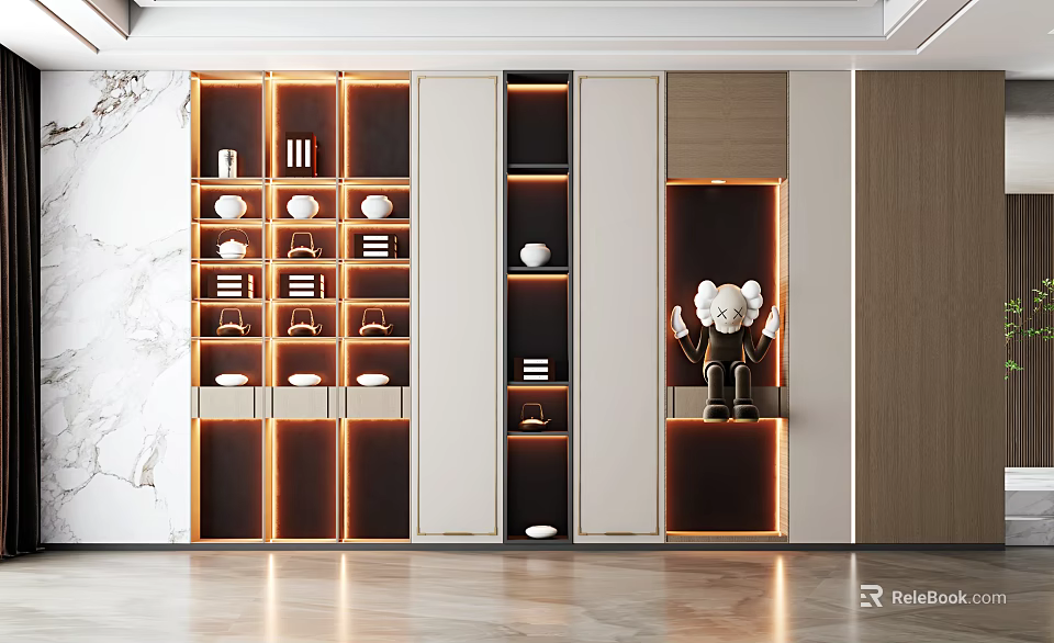 Elegant Modern Decorative Cabinet Design With Layered Shelves Orange Lighting Marble Wall And Black Figurine 3d model 