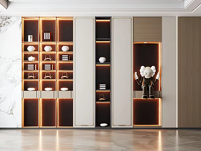 Elegant Modern Decorative Cabinet Design With Layered Shelves Orange Lighting Marble Wall And Black Figurine 3d model