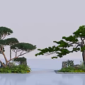 Graceful Pine Trees With Rocks And Greenery By Calm Water Surface 3d model