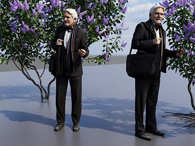 Two Men In Suits Carrying Bags Standing By Purple Flower Trees Outdoor 3d model