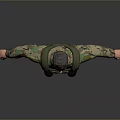 Military Character In Camouflage Uniform With Green Tactical Vest And Arms Outstretched Against Gray Background