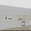 Modern White Kitchen Interior With Cabinets Countertop Fruits And Jars