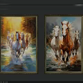Framed Animal Paintings of Running Horses in River with Sunlight and Forest