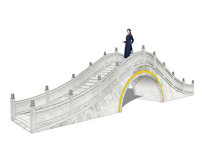 Traditional Stone Landscape Bridge with Curved Arch Steps Decorative Railings and Person Standing 3d model