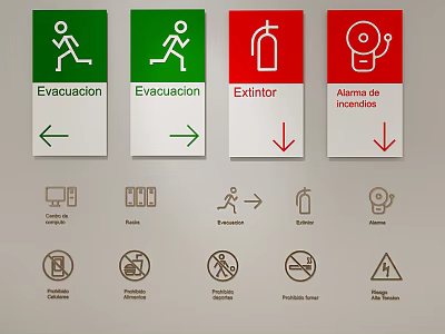 Safety Hanging Signs With Evacuation Fire Extinguisher Alarm And Safety Icons 3d model