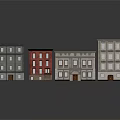 Architectural Building Models In Various Colors And Styles With Windows Doors And Reflective Ground