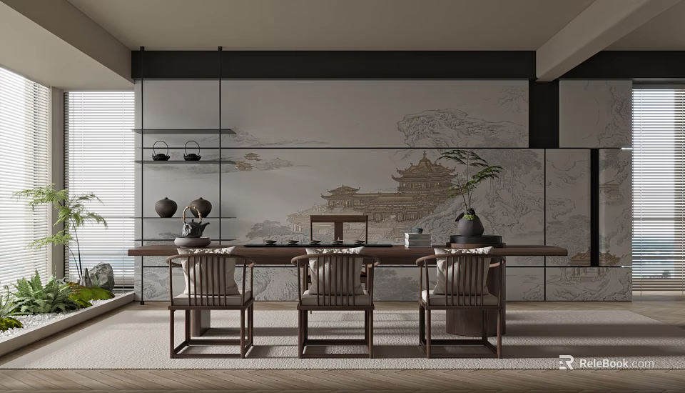 Modern Tea Room Interior With Long Table Chairs Decorative Painting And Tea Sets 3d model