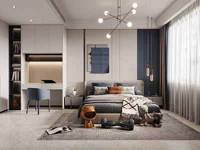Modern Bedroom Interior with Bed Pillows Nightstand Pendant Lights Area Rug and Desk Chair 3d model