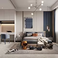Modern Bedroom Interior with Bed Pillows Nightstand Pendant Lights Area Rug and Desk Chair