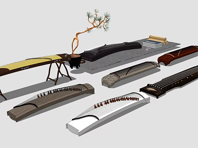 Traditional Chinese Guzheng Musical Instruments With Various Designs And Wooden Frames 3d model