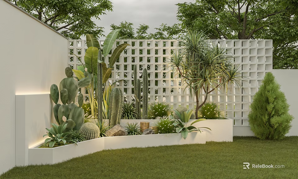 Beautiful Garden with White Lattice Fence Cacti Succulents White Planter Boxes Green Lawn and Trees 3d model 