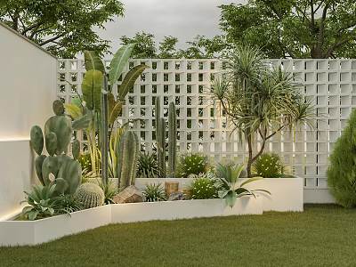 Beautiful Garden with White Lattice Fence Cacti Succulents White Planter Boxes Green Lawn and Trees 3d model