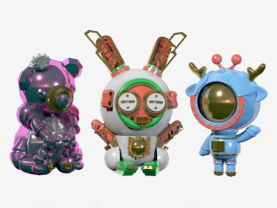 Vibrant Cartoon Mechanical Animal Shaped Decorative Ornament Set with Unique Design and Colorful Details 3d model