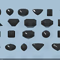 Various Shapes of Black Stones with Geometric Facets Neatly Arranged on Light Blue Background