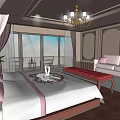 Hotel Room With Red Headboard Large Bed White Bedding Pink Pillows Large Windows And Chandelier