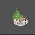 Tech Exhibition Hall with Christmas Tree Star Ornaments Gift Boxes and Red Figurines