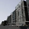 Modern Commercial Street Architectural Exterior With Glass Curtain Walls Evening Lights Pedestrians And Vehicles