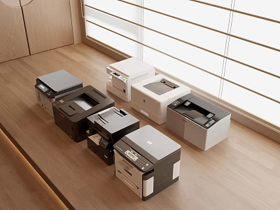 Office Appliances Various Printer Models On Wooden Desktop In Bright Office 3d model