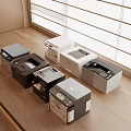 Office Appliances Various Printer Models On Wooden Desktop In Bright Office