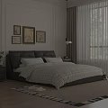 Double Bed with Black Leather Headboard White Gray Striped Quilt Pillows Bedside Table Lamp Curtains