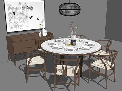 Round Dining Table Set With Wooden Chairs Upholstered Seats Decorative Painting And Pendant Light 3d model