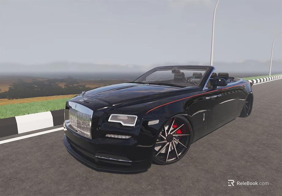 Black Open Top Luxury Car With Red Accented Wheels And Chrome Grille On Scenic Road 3d model 