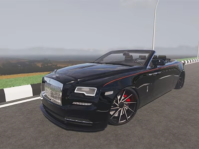 Black Open Top Luxury Car With Red Accented Wheels And Chrome Grille On Scenic Road 3d model