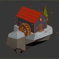 Low Poly Floating Cottage With Red Roof Purple Walls Water Wheel And Green Tree