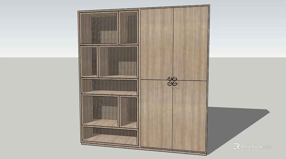 Modern Wooden Wardrobe With Open Compartments And Decorative Knot Design 3d model 