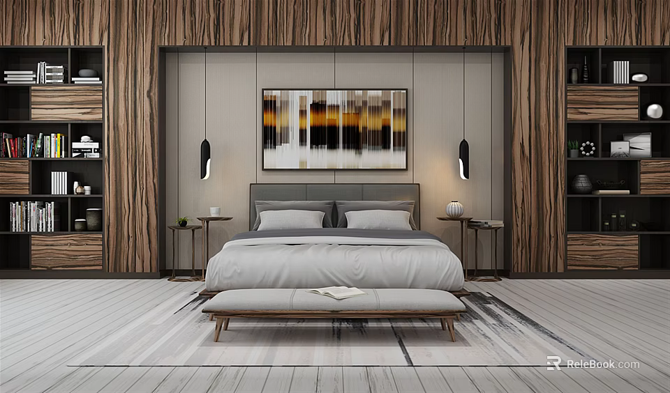 Modern Bedroom Interior Featuring Double Bed Wooden Walls Abstract Painting Nightstands Bench Light Colored Rug 3d model 