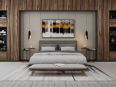 Modern Bedroom Interior Featuring Double Bed Wooden Walls Abstract Painting Nightstands Bench Light Colored Rug 3d model
