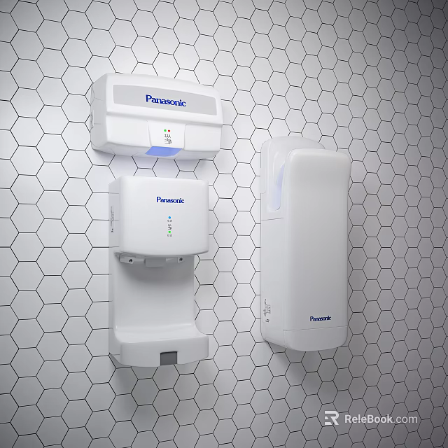 Panasonic Bathroom Accessories Including Hand Dryer And Soap Dispenser On Hexagonal Tile Wall 3d model 