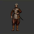 Man In Traditional Brown Armor With Decorative Patterns Holding A Sword
