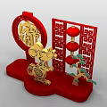 Chinese New Year Decorations With Red Lanterns Golden Rat Fu Character And Pine Tree