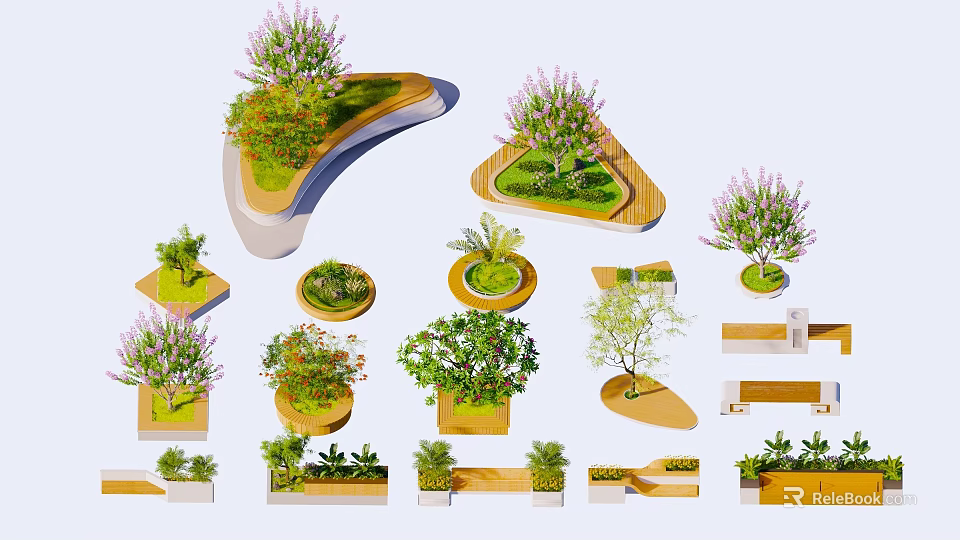 Outdoor Chair with Curved Wooden Platform and Lush Green Plants in Garden 3d model 