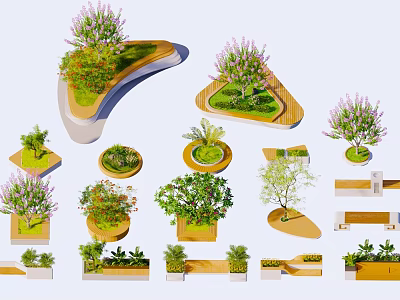 Outdoor Chair with Curved Wooden Platform and Lush Green Plants in Garden 3d model