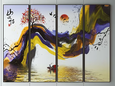 Four Panel Landscape Painting With Red Tree Sun Boat On Water And Yellow Purple Waves 3d model