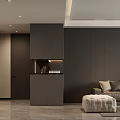 Modern Living Dining Room Interior With Gray Walls Black Door TV And Beige Ottoman