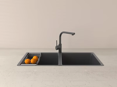 Modern Double Bowl Kitchen Sink With Curved Faucet And Drainer Holding Oranges 3d model
