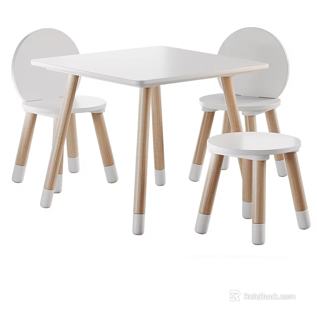 Modern White Kids Chairs Set With Natural Wooden Legs And Matching Small Play Table 3d model 