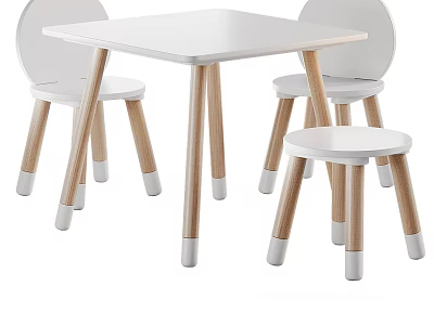 Modern White Kids Chairs Set With Natural Wooden Legs And Matching Small Play Table 3d model
