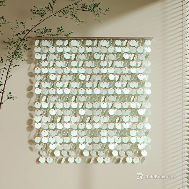 Light Colored Circular Wall Decor Near Plant And Window Blinds 3d model 