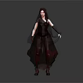 Female Character With Red Hair Veil Crimson Black Outfit Gauzy Skirt Red Boots Gray Background
