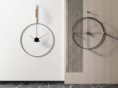 Modern Minimalist Clocks with Metal Frame Hanging on White and Wooden Wall 3d model